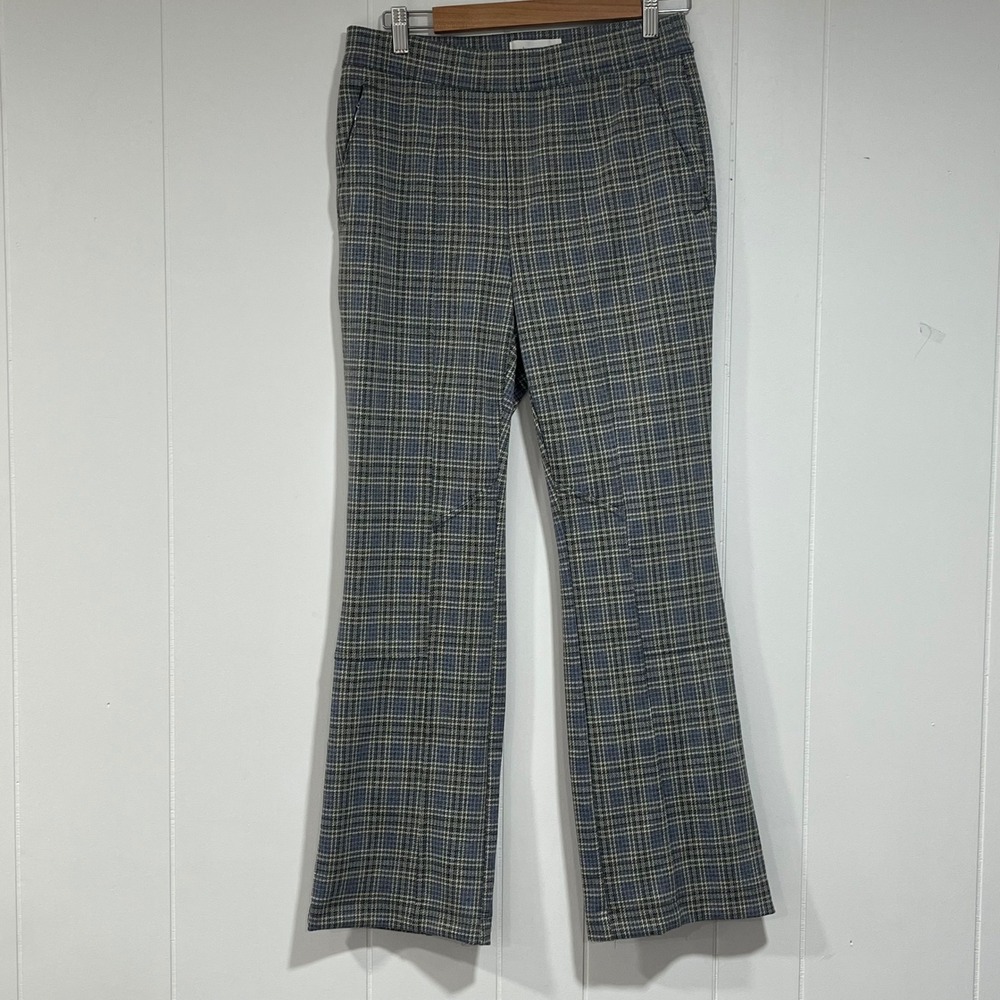 By Anthropologie Blue Grey Plaid Flare Pants High Rise Stretch Small OB1728801